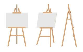 Realistic paint desk with blank white canvas. Wooden easel and a sheet of drawing paper. Vector illustration.