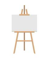 Realistic paint desk with blank white canvas. Wooden easel and a sheet of drawing paper. Vector illustration.