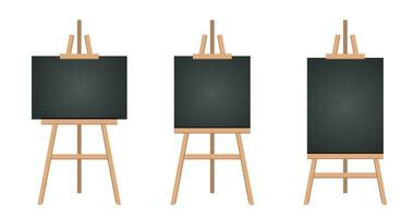 Realistic paint desk with blank white canvas. Wooden easel and a sheet of drawing paper. Vector illustration.