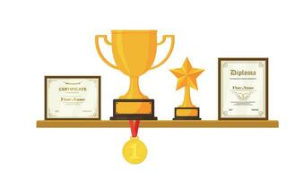 Golden trophy and awards on wooden shelf isolated on white background vector illustration