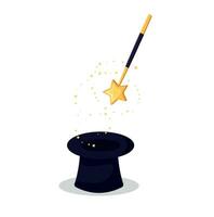 Magic wand with stars sparks above black magic hat. vector illustration in flat design.