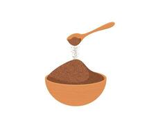Vector illustration ground cinnamon in a wooden bowl on white background.