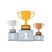 Podium for winners with a gold Cup, close-up, isolated on a white background, vector color illustration, design