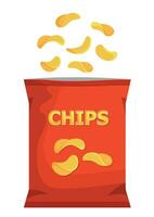 Crispy ripple potato chips flying into pack, vector realistic snacks package. design illustration icon for food and beverage business, potato snack branding element logo vector.