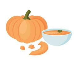 calabaza crema sopa en un cuenco y parte de calabaza, tradicional acción de gracias comida vector ilustración en un blanco antecedentes