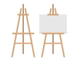 Realistic paint desk with blank white canvas. Wooden easel and a sheet of drawing paper. Vector illustration.