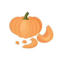 Pumpkin, whole and chopped. Cooking ingredient, fresh vegetable. Healthy vegetarian food. Flat vector illustration.