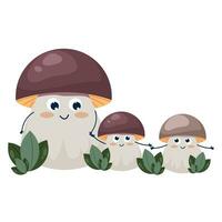 Funny boletus mushrooms with faces, children's cartoon character. Edible and inedible mushrooms, vector illustration