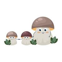 Funny boletus mushrooms with faces, children's cartoon character. Edible and inedible mushrooms, vector illustration