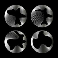 Set of glowing circles of silver color round curved shape with wavy dynamic lines isolated on black background. Circular frame light frame. Concept of future technology vector