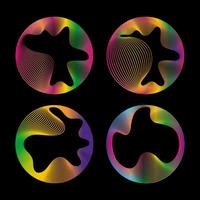 Set of neon colored round curve glowing circles with wavy dynamic lines isolated on black background. Circular frame light frame. Concept of future technology vector