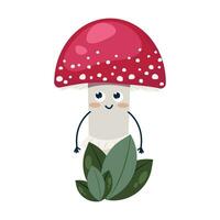 Funny fly agaric with face, children's cartoon character. Edible and inedible mushroom, vector illustration