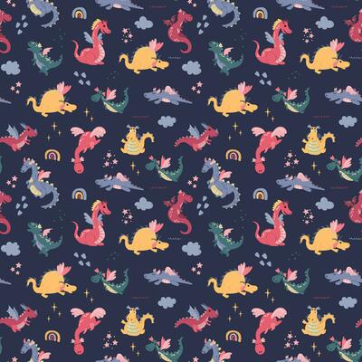 Seamless pattern with cute hand drawn dragons. Design for fabric, textile, wallpaper, packaging.