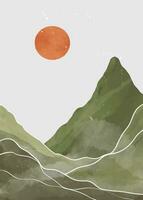 Mountain landscape illustration. Mid century modern art print. Abstract contemporary aesthetic backgrounds landscapes with mountains, sun and hills vector