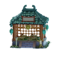 a small chinese style house with a roof and green lanterns png