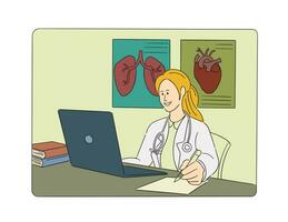 personaje ilustración de un médico empleado esperando para un paciente a un clínica vector