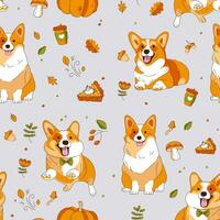 Seamless Pattern Corgi Dog Autumn. Vector illustration.