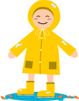 linda niño vistiendo amarillo impermeable y botas caminando en charco agua lluvia lluvioso temporada dibujos animados png