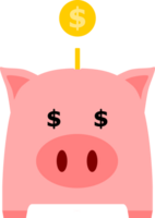Pink pig piggy bank saving with golden dollar coin cartoon png