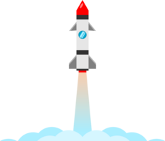 Cute spaceship rocket launch take-off with fire smoke cartoon icon png