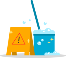 Yellow cleaning warning sign with mop in blue bucket bubble png