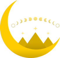 Pyramid triangle on yellow crescent moon with moon different phases or lunar phases mysterious astrology magic boho png