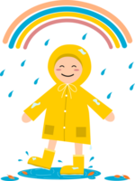 Kid girl happy smile wearing yellow raincoat and boots walking in puddle water rain with rainbow png