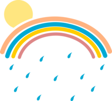 Cute colorful rainbow with sun and water rain in rainy season boho doodle png