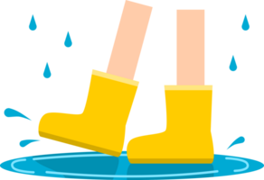 piernas niño vistiendo amarillo botas caminando en charco agua lluvia png
