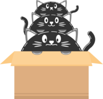 Three stacked cute black cat in paper crate box funny cartoon character png