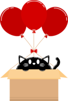 Cute fat black cat in paper crate box with red balloon flying png