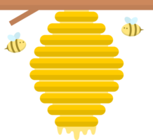 Cute honeycomb with dripping sweet honey on brown branch tree and fat bee frying cartoon png