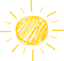 Cute yellow sun with sunshine light ray drawing doodle png
