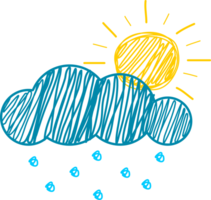 Cute blue cloud storm water drop rain with yellow sun line doodle png