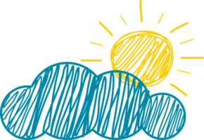 Cute blue cloud storm water drop rain with yellow sun line doodle png