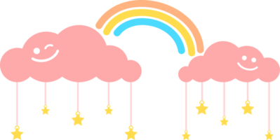 Cute blue clouds smile rainbow with line hanging stars concept good night and sweet dreams boho doodle drawing cartoon png