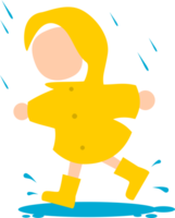 niño contento sonrisa vistiendo amarillo impermeable y botas caminando en charco agua lluvia png