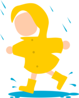 enfant content sourire portant Jaune imperméable et bottes en marchant dans flaque l'eau pluie png