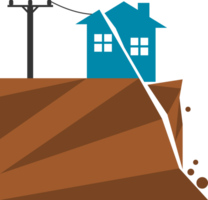 quebrado construção casa com elétrico poder Voltagem pólo em montanha Colina colapso tremor de terra deslizamento de terra natural desastre Atenção placa png