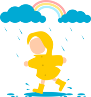 ragazzo contento Sorridi indossare giallo impermeabile e stivali a piedi nel pozzanghera acqua pioggia png