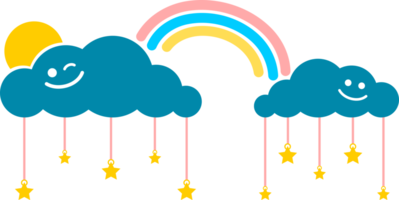 mignonne bleu des nuages sourire arc en ciel avec ligne pendaison étoiles concept bien nuit et sucré rêves boho griffonnage dessin dessin animé png