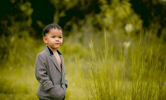 linda pequeño chico un bien vestido chico en un traje en un patio interior con un césped y mirando para alguna cosa interesante. foto