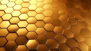 3D illustration gold geometric hexagon abstract background. Surface hexagon pattern, hexagonal honeycomb. Generative AI photo