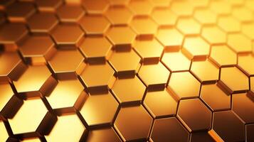 3D illustration gold geometric hexagon abstract background. Surface hexagon pattern, hexagonal honeycomb. Generative AI photo