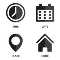 Zeit Uhr Symbol, Datum Kalender, Platz Stift Ort Adresse, Zuhause Taste, Geschäft Symbol Satz, Büro Stunde, Zeitplan, Erinnerung, planen Design Elemente, Fall, Benutzer Schnittstelle Symbol png