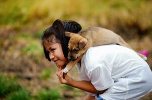 little girl and dog Love between man and dog Bonding of children and intelligent pets playing in the backyard love concept photo