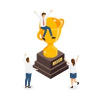 People Characters standing near Gold Cup and Celebrating Victory. Happy Woman and Man Successfully Achieve Reward. Winners and Prize. Business Goal Success. Isometric png