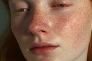 a close up of a woman with freckles,rosacea couperose redness skin AI generated photo