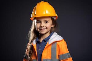 Portrait of a smiling little girl in a construction helmet AI Generated photo