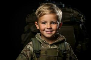 retrato de un linda pequeño chico en militar uniforme en oscuro antecedentes ai generado foto